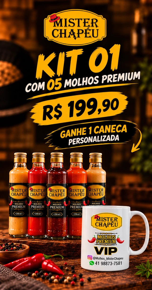 Kit 01 Molhos Premium por R$ 199,90: cinco garrafas Mister Chapéu e uma caneca personalizada VIP de brinde